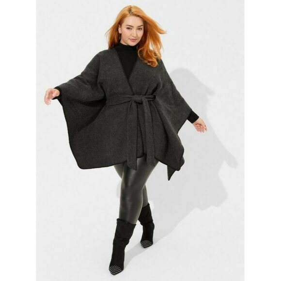 Torrid Belted Ryan’s Charcoal Gray Acrylic Open Front Belted Poncho Wrap Cape Ca - Picture 1 of 8